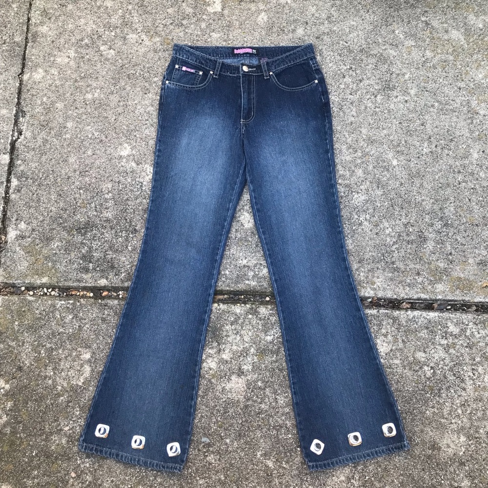 y2k bubblegum jeans 💗 boot cut, low rise, and groovy gromlet detail!